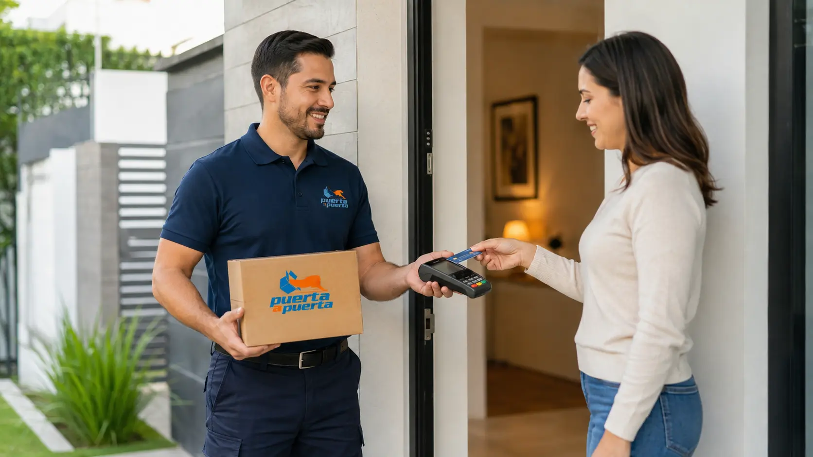 Mensajero de Puerta a Puerta entregando un paquete mientras el cliente realiza el pago