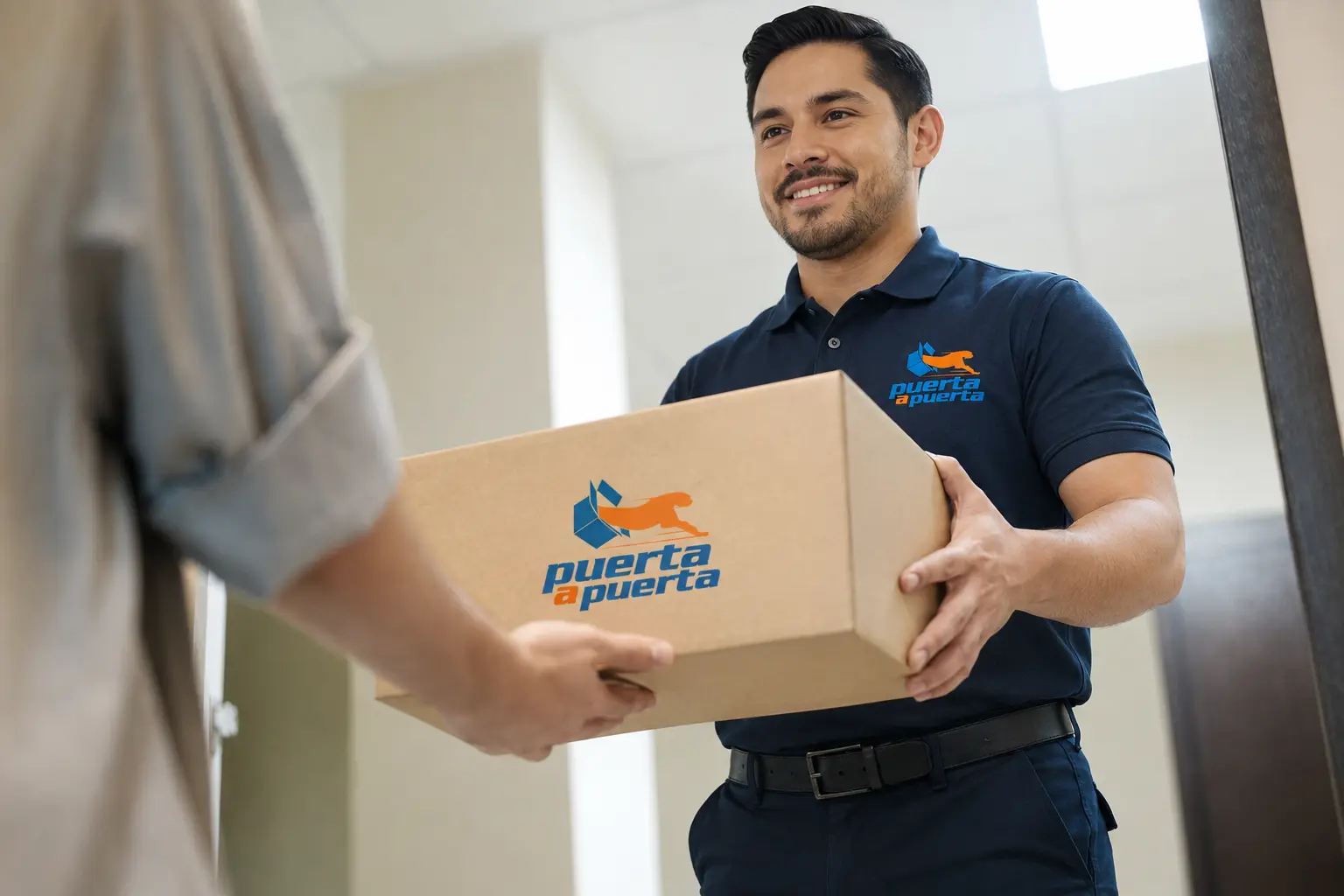 Mensajero de Puerta a Puerta entregando paquetes a un cliente
